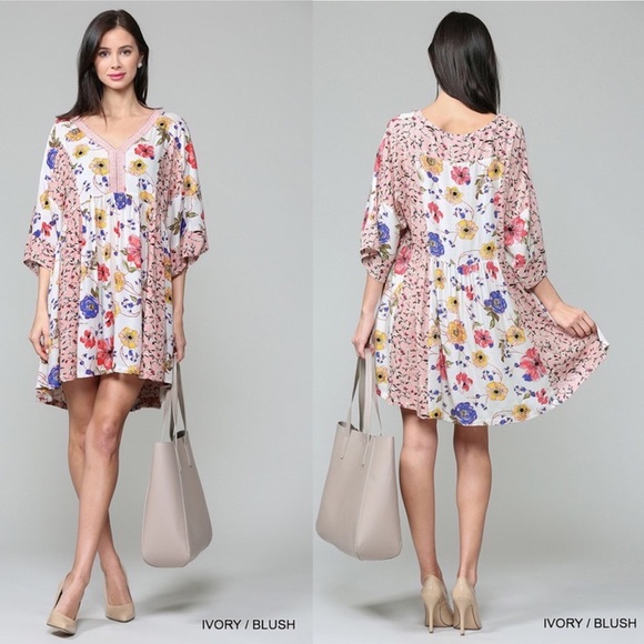GiGiO Dresses & Skirts - NWT Boho Mixed Floral Print Babydoll  Lace Mini Dress Patch Ivory Blush Summer